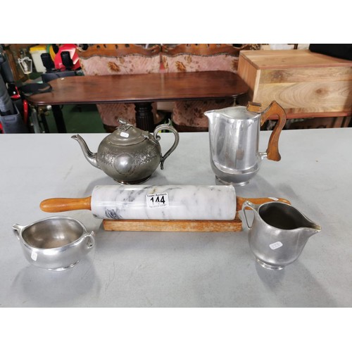 144 - Collection of Picquot ware teapot, milk jug and sugar bowl along with a EPBM teapot with decorative ... 