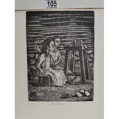 105 - An etching of 2 girls working at a loom called 'Las Hilanderes.' complete with print carrier