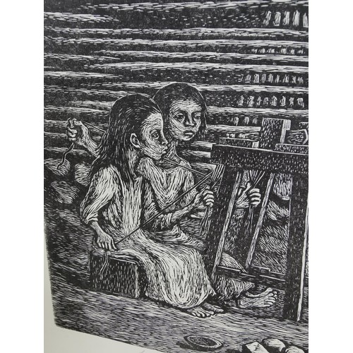 105 - An etching of 2 girls working at a loom called 'Las Hilanderes.' complete with print carrier