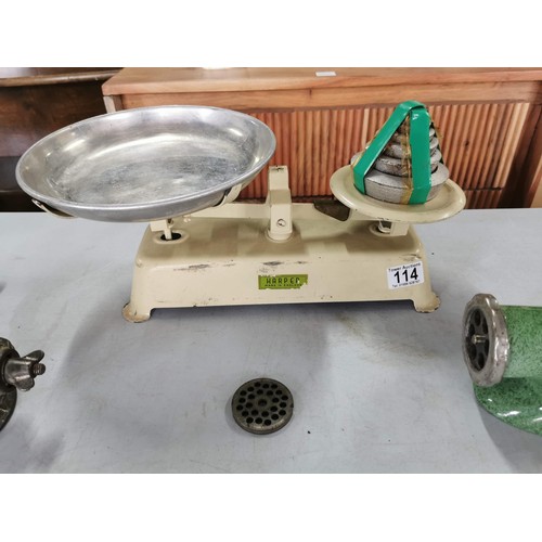 114 - Set of vintage kitchen scales by Harper along with a green enamel mincer by Harper and one other