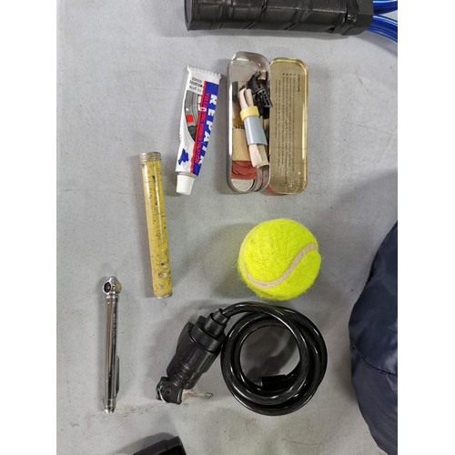 118 - Pair of Tennis rackets  with case and balls along with Luma bicycle lock with keys, pressure gauges,... 