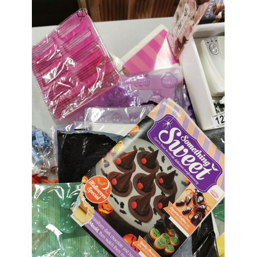 122 - Large collection of confectionary items inc something Sweet magazines, baking moulds, jam and chocol... 