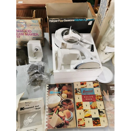 123 - Box of vintage boxed accessories inc Harper Four Seasons slicer, Moulinex masterchef, Kenwood mincer... 