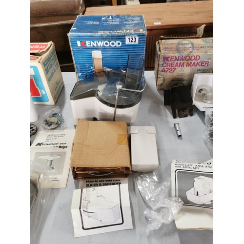 123 - Box of vintage boxed accessories inc Harper Four Seasons slicer, Moulinex masterchef, Kenwood mincer... 