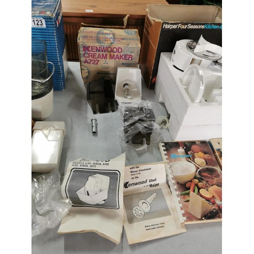 123 - Box of vintage boxed accessories inc Harper Four Seasons slicer, Moulinex masterchef, Kenwood mincer... 