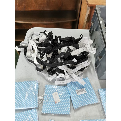 125 - 2x boxes containing a large quantity of elastic and material, mostly in bags, in good order