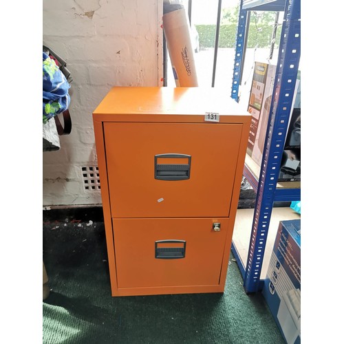 131 - Orange 2 drawer filing cabinet with a key along with a paper shredder and 1 other filing organiser c... 