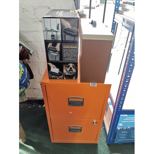 131 - Orange 2 drawer filing cabinet with a key along with a paper shredder and 1 other filing organiser c... 