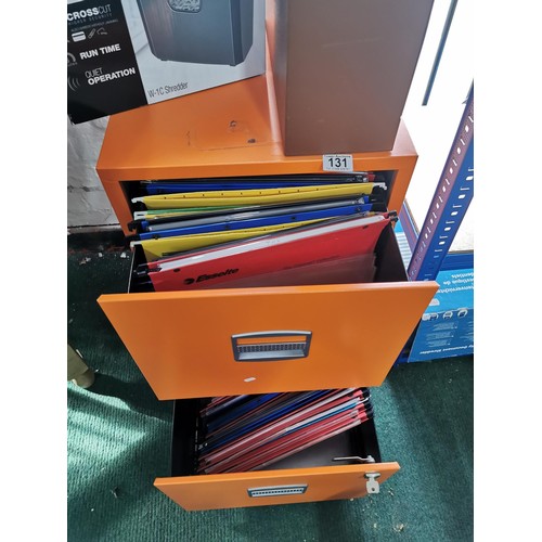 131 - Orange 2 drawer filing cabinet with a key along with a paper shredder and 1 other filing organiser c... 