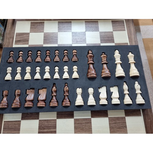 34 - 3x new and sealed wooden chess sets. 39cm2, one has been unpackaged for display.