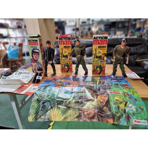 45 - 3x rare original 1977 Action Man figures, all with original boxes to include 2x Action Man soldiers ... 