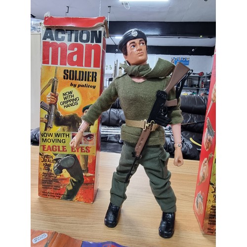 45 - 3x rare original 1977 Action Man figures, all with original boxes to include 2x Action Man soldiers ... 