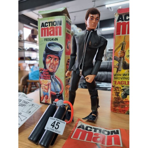 45 - 3x rare original 1977 Action Man figures, all with original boxes to include 2x Action Man soldiers ... 