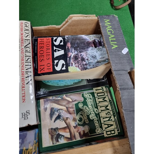 60 - A box of various books and magazines to include books relating to war, a quantity of antique books H... 