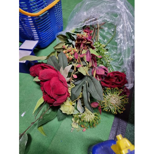 63 - A box of odds to include a good set of artificial flowers a large quantity of pest control sprays (m... 