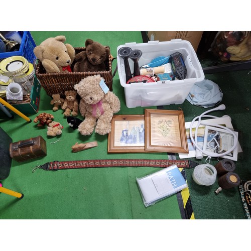 65 - A box of collectable odds and a good wicker basket full of various teddies. To include a box of deco... 