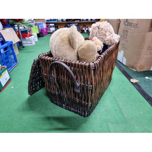 65 - A box of collectable odds and a good wicker basket full of various teddies. To include a box of deco... 