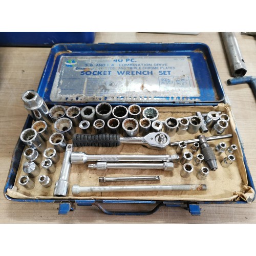 186 - Box containing a large quantity of spanners , drill bits, partial socket set etc