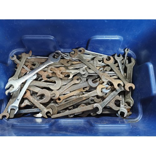 186 - Box containing a large quantity of spanners , drill bits, partial socket set etc