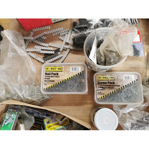 188 - Large box containing an assortment of nails, bolts, screws most in original packets