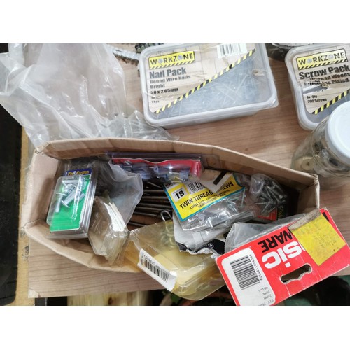 188 - Large box containing an assortment of nails, bolts, screws most in original packets