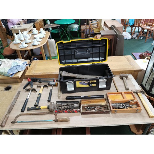 189 - Heavy duty stanley tool box containing a quantity of hammers along with three boxes inc Drill head a... 