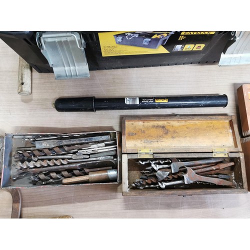 189 - Heavy duty stanley tool box containing a quantity of hammers along with three boxes inc Drill head a... 