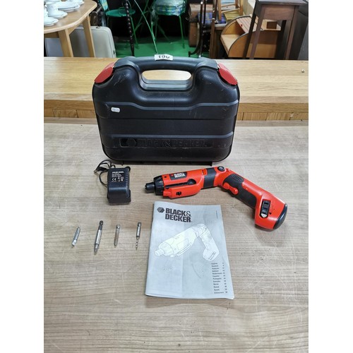 190 - Black and Decker Screwdriver / drill set with charger and booklet