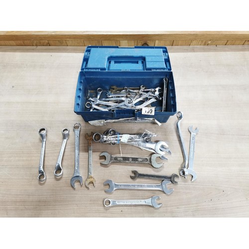 199 - Keter tool box complete with a selction of spanners in good order