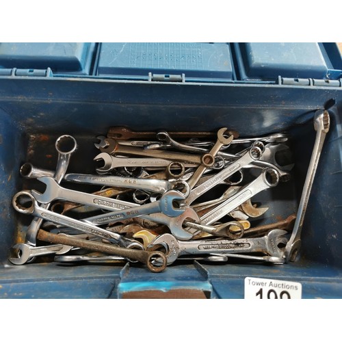 199 - Keter tool box complete with a selction of spanners in good order