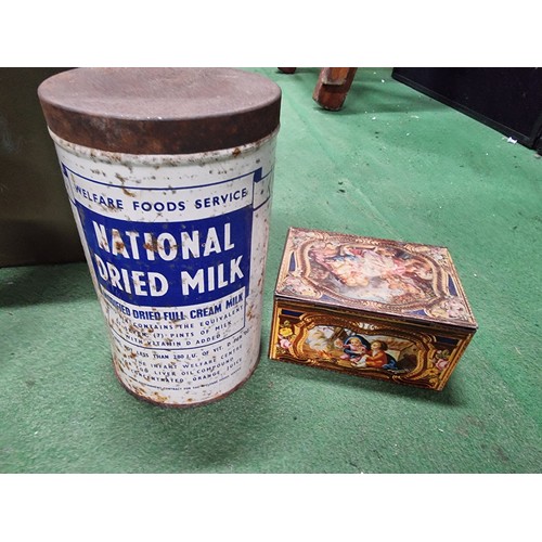 71 - A metal filing box containing a quantity of vintage tins including a large Hacks sweet tin.