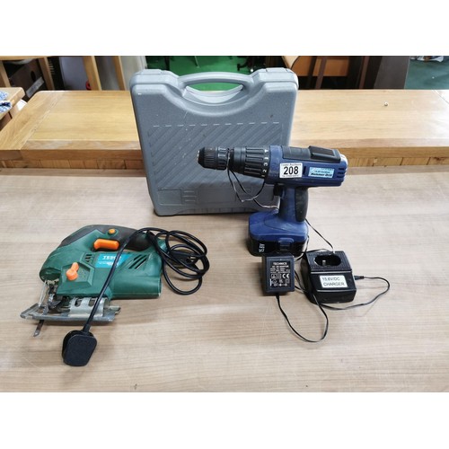 208 - Cased Hilka 16.6v hammer drill along with a Tesco 650w jigsaw