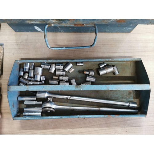 216 - 2x tool boxes inc a metal tool box containing sockets along with a stanley tool box containing a lar... 