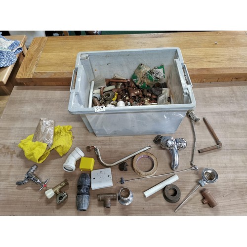 217 - Box containing plumbing accessories inc copper pipe connections plastic connectors, mixer tap etc