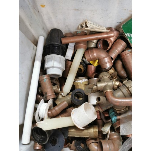 217 - Box containing plumbing accessories inc copper pipe connections plastic connectors, mixer tap etc