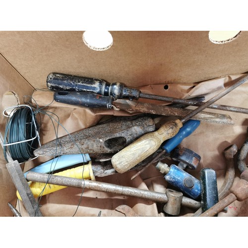 222 - Box containing a quantity of various tools inc German tile cutter, 150mm bench grinder, hammers, fil... 