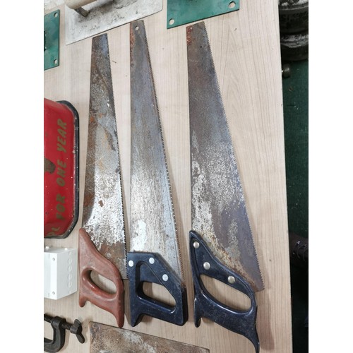 226 - Quantity odds inc saws, pasting trowels, washing machine pipe, post anchors etc