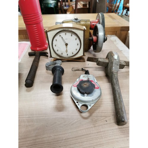 227 - Quantity of odds inc Hilti drill, vintage lake and elliot car jack, Black and decker vintage belt dr... 