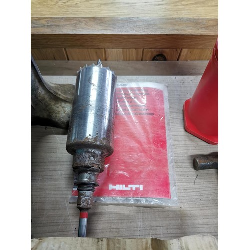 227 - Quantity of odds inc Hilti drill, vintage lake and elliot car jack, Black and decker vintage belt dr... 