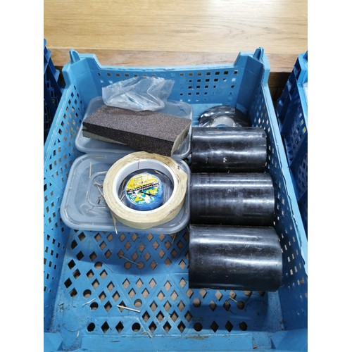 232 - 4x crates of sand paper, masking tape, rubber hammers etc