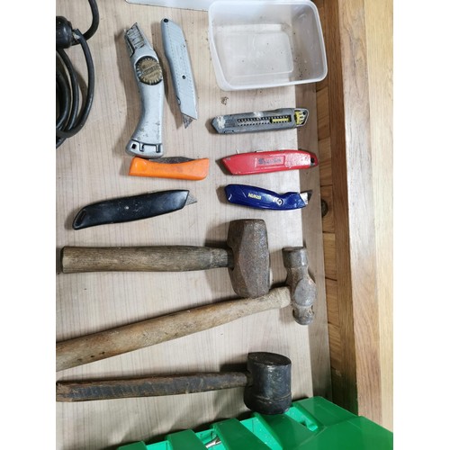 234 - Large quantity of sledge and lump hammers along with a vintage first aid tin containing drill bits e... 