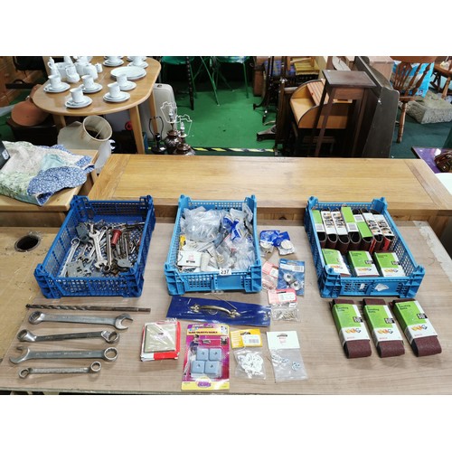 237 - 3x crates inc a large quantity of belt sanders size 6cm x 40cm, along with spanners, door handles, p... 