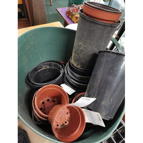 240 - Large quantity of plastic plant pots inc trug of plant pots, box of pots and bag of pots.