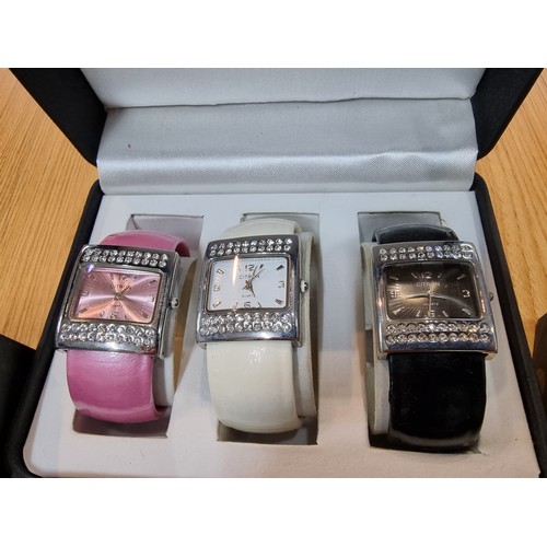 338 - A quantity of ladies watches to include a matching set of 3 Citron with different coloured bands fit... 