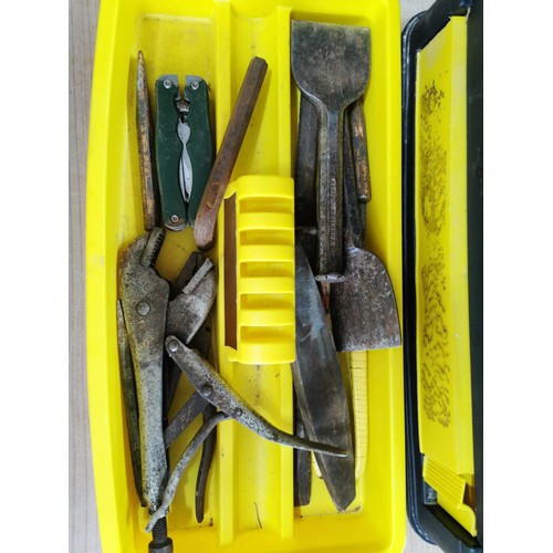 250 - Stanley portable stacking tool box full of tools inc chisles mole grips etc