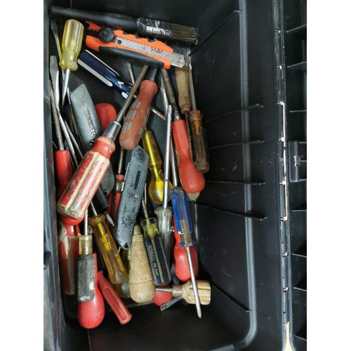 250 - Stanley portable stacking tool box full of tools inc chisles mole grips etc