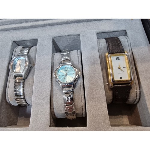 342 - A collection of 7x various ladies wrist watches all in clean condition, fitted in a good quality 6 d... 