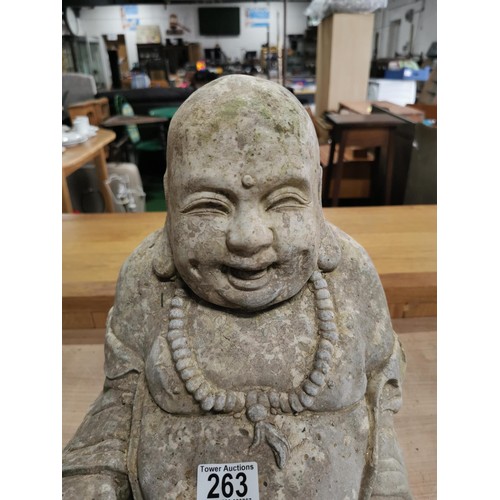 263 - Large concrete Buddha garden figure in good order stands at 43cm high, 29cm wide, 28cm deep