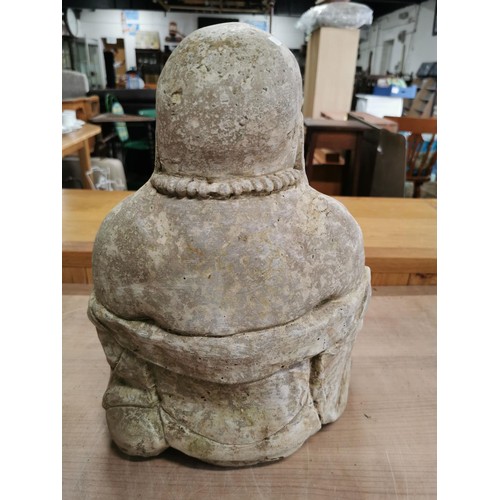 263 - Large concrete Buddha garden figure in good order stands at 43cm high, 29cm wide, 28cm deep