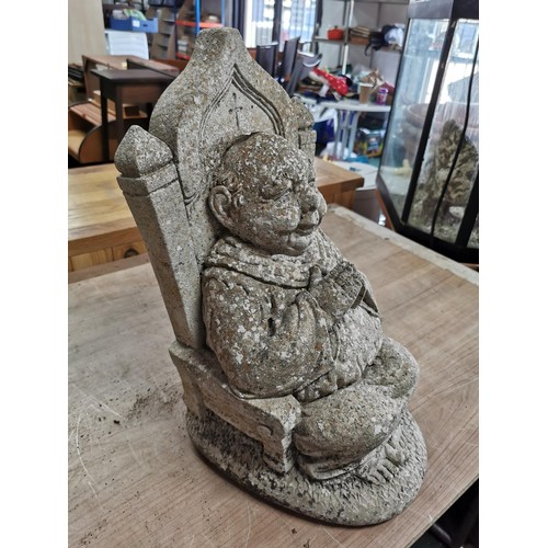 267 - Stoneware garden ornament depicting a wise monk in a chair, with an inscription to the back, in good... 